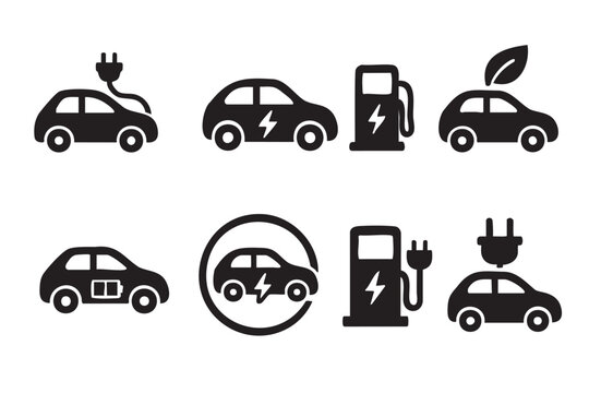 Collection of black silhouette icons featuring electric cars and charging stations, symbolizing eco-friendly transportation and energy efficiency.