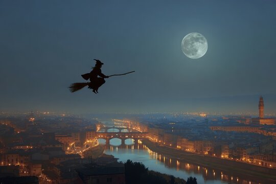 sagoma della Befana che vola su una scopa rustica sopra i tetti di un villaggio italiano in una notte invernale innevata portando un sacco di regali