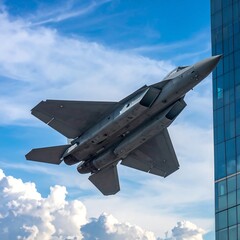 Gray combat jet soaring, juxtaposed against blue sky and tall building