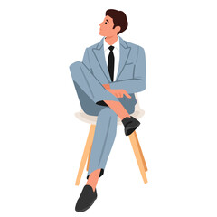 Bored businessman cartoon character sitting on chair waiting for turn isolated on white background