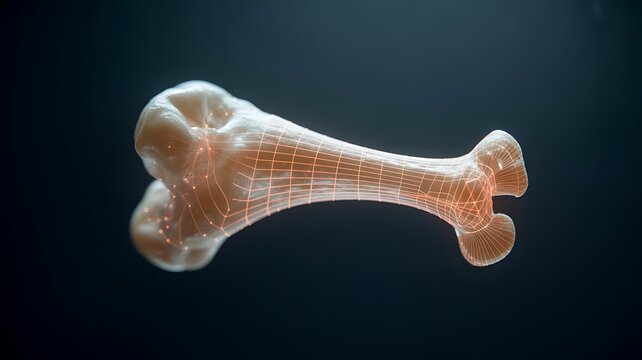 Abstract 3d render of a human bone with glowing digital network overlay on dark background