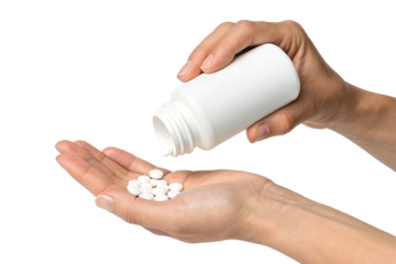 Hands Pouring Tablets from Blank White Bottle into Open Palm – Medical or Pharmaceutical Concept Isolated on Transparent Background