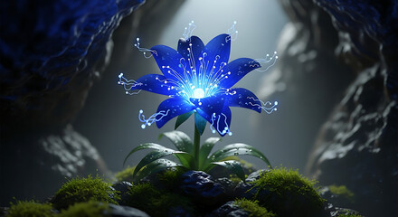 Digital Blue Glowing Flower with Circuitry in a Dark Cave - AI, Technology and Nature Fusion