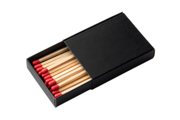 Black Matchbox with Wooden Matches Showing Red Tips – Realistic Object Isolated on Transparent Background