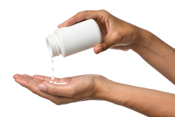 Hands Pouring Tablets from Blank White Bottle into Open Palm – Medical or Pharmaceutical Concept Isolated on Transparent Background