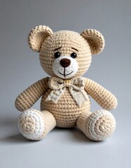 Obraz premium Crochet teddy bear with a bow, sitting on a gray background