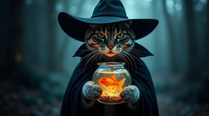 Dark fantasy cat in hat and cloak holding goldfish bowl in dark room with a smoky, mystical atmosphere