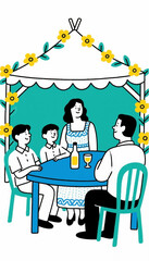 A flat illustration of a happy family having a picnic in honor of their twin sons' birthday. Vector graphics. EPS.