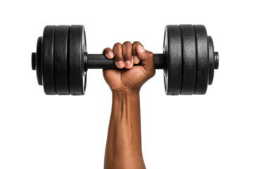 Hand Holding Heavy Black Dumbbell – Fitness and Strength Training Concept Isolated on Transparent Background (PNG)