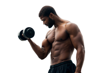 Fit Man Holding Dumbbell Shirtless – Strength and Muscle Workout Fitness Concept.