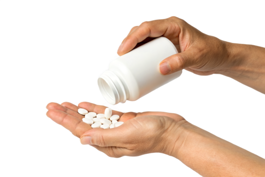 Hands Pouring Tablets from Blank White Bottle into Open Palm – Medical or Pharmaceutical Concept Isolated on Transparent Background