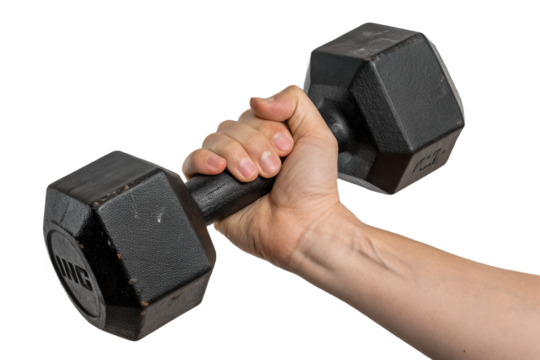 Hand Holding Heavy Black Dumbbell – Fitness and Strength Training Concept Isolated on Transparent Background (PNG)