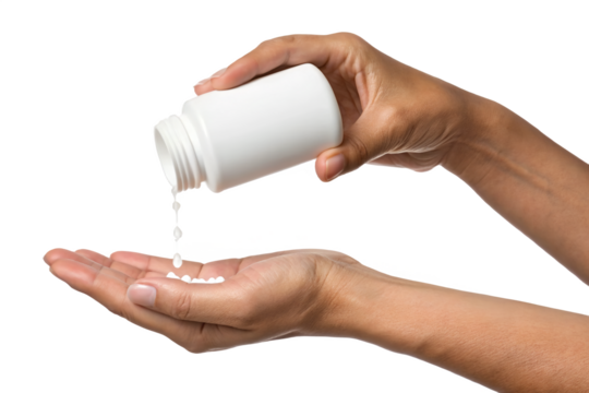 Hands Pouring Tablets from Blank White Bottle into Open Palm – Medical or Pharmaceutical Concept Isolated on Transparent Background