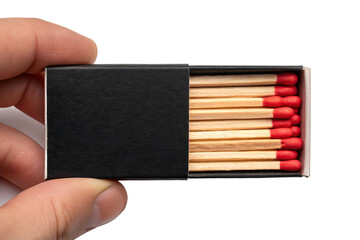 Open Black Matchbox Held by Hand with Wooden Matches and Red Tips &ndash; Isolated on Transparent Background