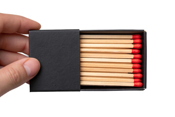 Open Black Matchbox Held by Hand with Wooden Matches and Red Tips &ndash; Isolated on Transparent Background