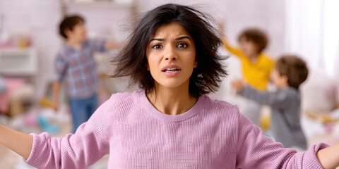 confused woman dynamic pose, with kids arguing and rampaging in chaotic messy living room background -