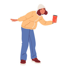 Young woman cartoon character in warm clothing celebrating Christmas outdoors toasting with drink