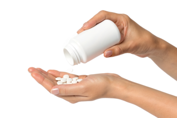 Hands Pouring Tablets from Blank White Bottle into Open Palm – Medical or Pharmaceutical Concept Isolated on Transparent Background