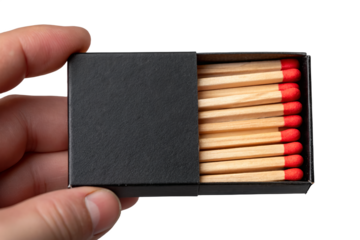 Open Black Matchbox Held by Hand with Wooden Matches and Red Tips – Isolated on Transparent Background