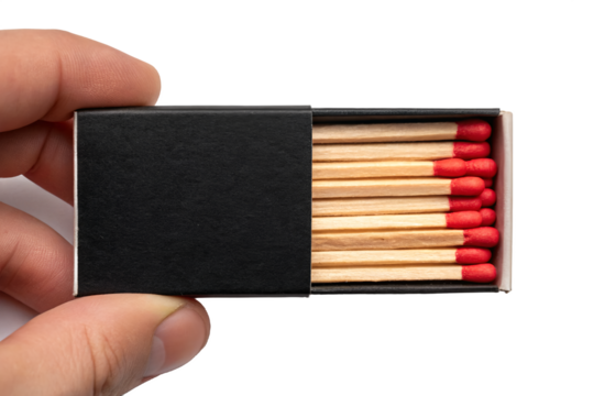 Open Black Matchbox Held by Hand with Wooden Matches and Red Tips – Isolated on Transparent Background