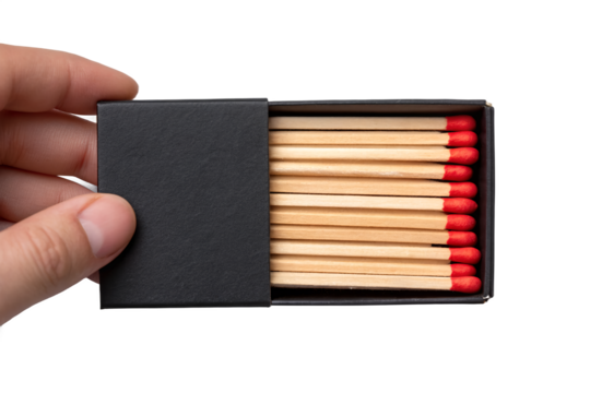 Open Black Matchbox Held by Hand with Wooden Matches and Red Tips – Isolated on Transparent Background