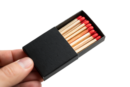 Open Black Matchbox Held by Hand with Wooden Matches and Red Tips – Isolated on Transparent Background