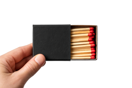 Open Black Matchbox Held by Hand with Wooden Matches and Red Tips – Isolated on Transparent Background