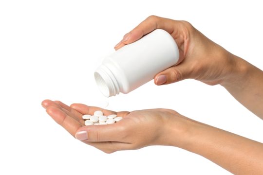 Hands Pouring Tablets from Blank White Bottle into Open Palm – Medical or Pharmaceutical Concept Isolated on Transparent Background
