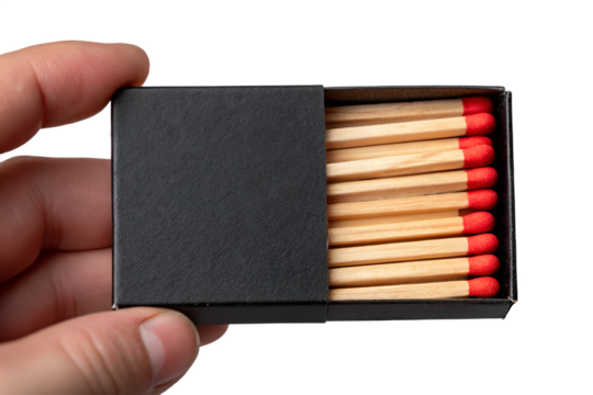 Open Black Matchbox Held by Hand with Wooden Matches and Red Tips – Isolated on Transparent Background