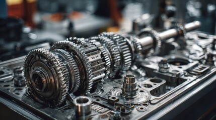 closeup view of disassembled car automatic transmission gear part on workbench at garage repair factory station for fix service maintenance vehicle part detail complex industrial mechanism