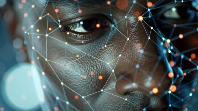 Facial recognition innovative technology analyzing a human face with triangulation points and digital mapping, set against a cinematic bokeh background showcasing futuristic AI and security