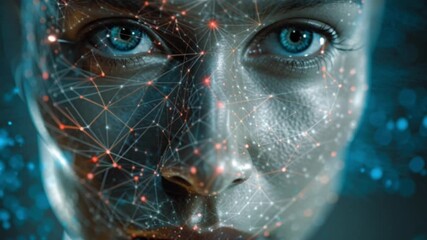 Facial recognition innovative technology analyzing a human face with triangulation points and digital mapping, set against a cinematic bokeh background showcasing futuristic AI and security - Powered by Adobe