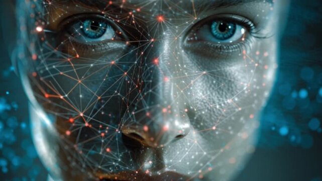 Facial recognition innovative technology analyzing a human face with triangulation points and digital mapping, set against a cinematic bokeh background showcasing futuristic AI and security