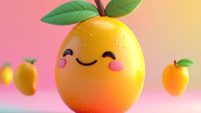 Cartoon mango fruit smiling with blush and falling mangoes on pink