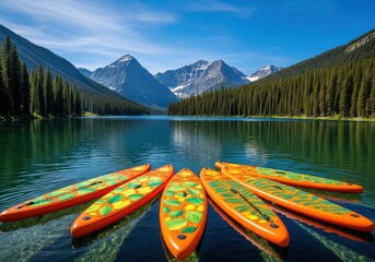 Obraz premium Vibrant paddleboards on serene lake with majestic mountain views in summer