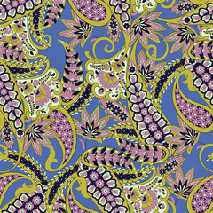 Madhubani, Kalamkari, Chinz, and Kani seamless pattern. Shirting fabric, Ajrakh and Ikat styles. Patola backdrop. Vector Floral allover design