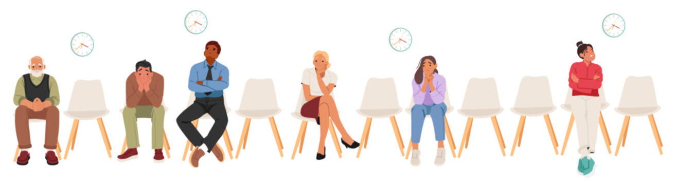 Diverse nervous people cartoon characters of different ages sitting on chairs waiting for meeting