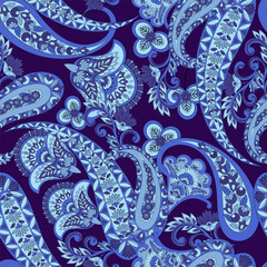 Floral seamless pattern with paisley ornament. Vector illustration in asian textile style