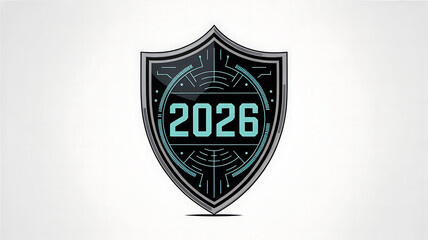 Futuristic shield emblem with year 2026 and digital circuit pattern technology