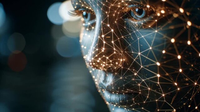 Facial recognition innovative technology analyzing a human face with triangulation points and digital mapping, set against a cinematic bokeh background showcasing futuristic AI and security