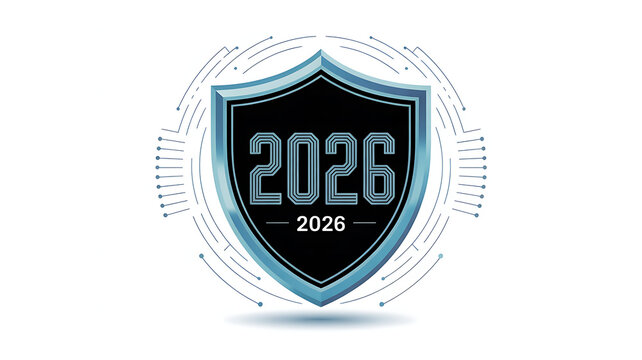 Futuristic shield emblem with the year 2026 in blue and black logo security