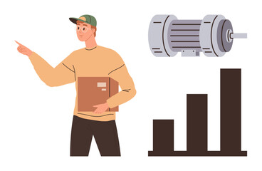 Worker carrying box and pointing forward, alongside industrial gear motor and bar chart. Ideal for logistics, manufacturing, teamwork, industry progress, technology, business growth, flat metaphor