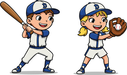 Cartoon children playing baseball, baseball bat, baseball glove, blue uniform, white cap, cheerful pose, sporty outfit, active, standing, teamwork
