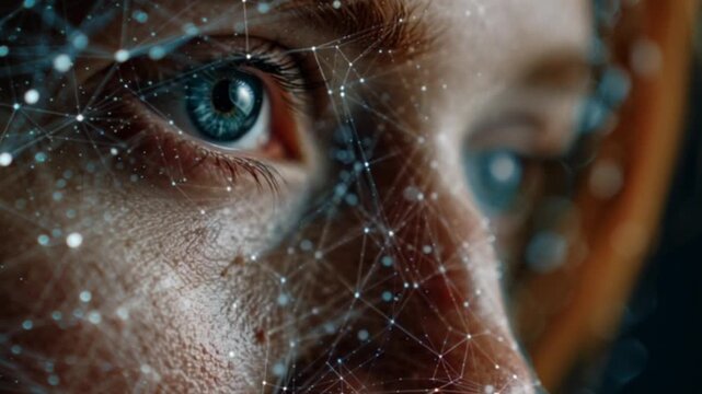 Facial recognition innovative technology analyzing a human face with triangulation points and digital mapping, set against a cinematic bokeh background showcasing futuristic AI and security