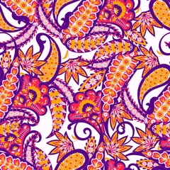 Madhubani, Kalamkari, Chinz, and Kani seamless pattern. Shirting fabric, Ajrakh and Ikat styles. Patola backdrop. Vector Floral allover design