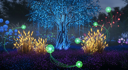 Magical Glowing Forest with Blue Tree and Bioluminescent Plants - Enchanted Fantasy Landscape