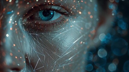 Facial recognition innovative technology analyzing a human face with triangulation points and digital mapping, set against a cinematic bokeh background showcasing futuristic AI and security - Powered by Adobe