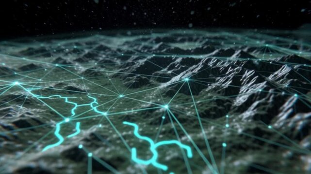 A futuristic high-tech map displaying geo-location triangulation graphics and digital overlays, showcasing advanced GPS tracking, global connectivity, and cinematic visualization of modern navigation
