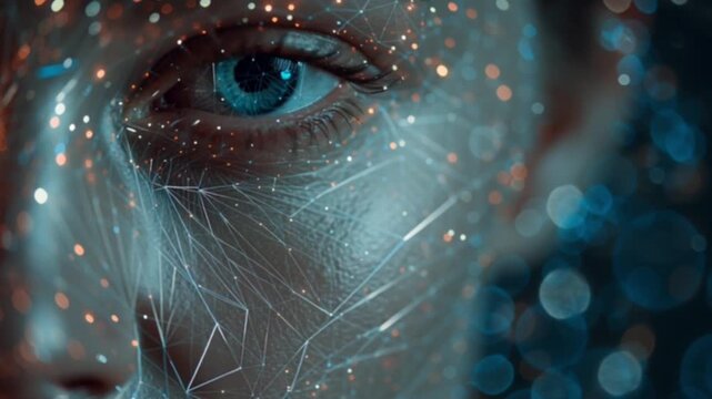 Facial recognition innovative technology analyzing a human face with triangulation points and digital mapping, set against a cinematic bokeh background showcasing futuristic AI and security