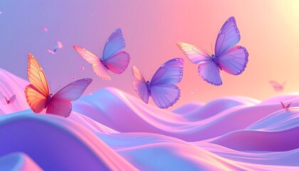 Colorful butterflies soaring above abstract, pastel-toned flowing forms